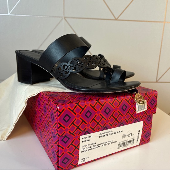 Tory Burch Tiny Miller 55mm Toe Ring Heeled Sandal Black Calf Leather - Picture 9 of 11